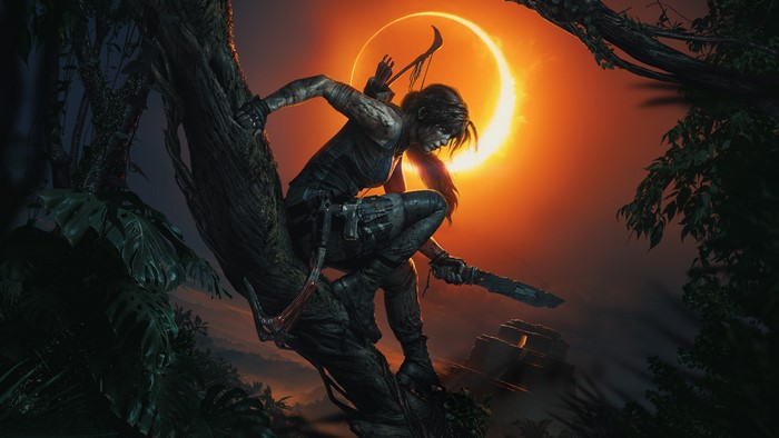 Lara Croft from Shadow of the Tomb Raider during an eclipse
