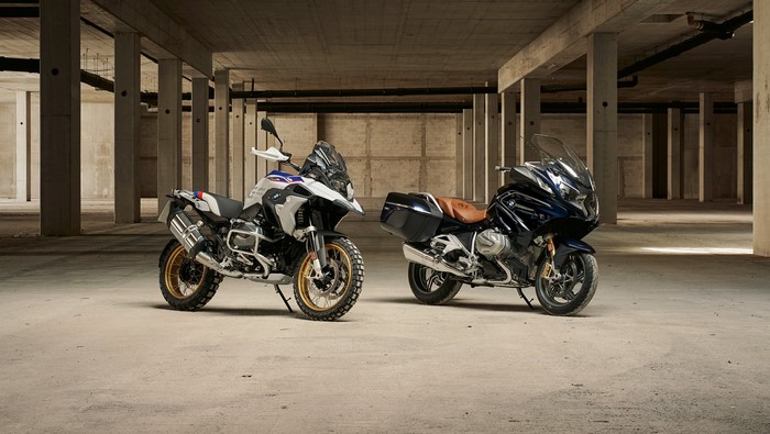 Two BMW R1250GS and R1250RT motorcycles