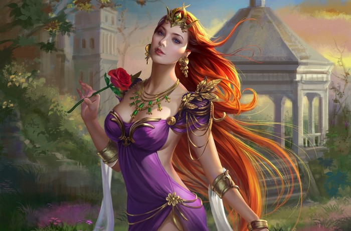 Fantasy woman with red hair holding a rose