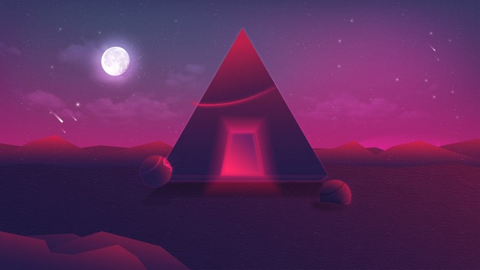 Synthwave pyramid with neon portal in alien landscape