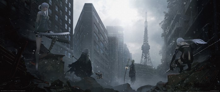 Androids from Nier: Automata in a destroyed city