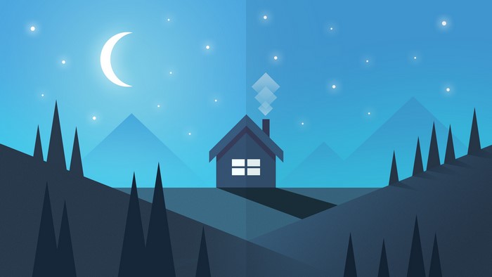 Minimalist night landscape with house and moon