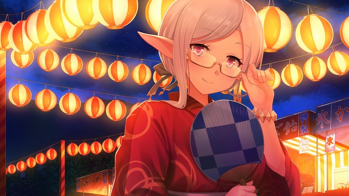 Anime girl with glasses and pointy ears in yukata holding fan