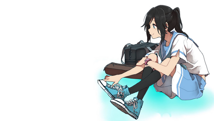 Anime girl with black hair and blue sailor uniform sitting with bags