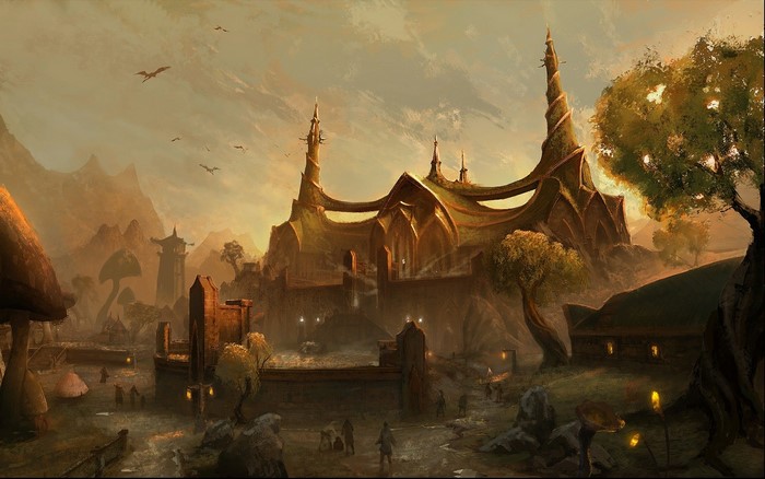 Fantasy city with unique architecture and flying creatures