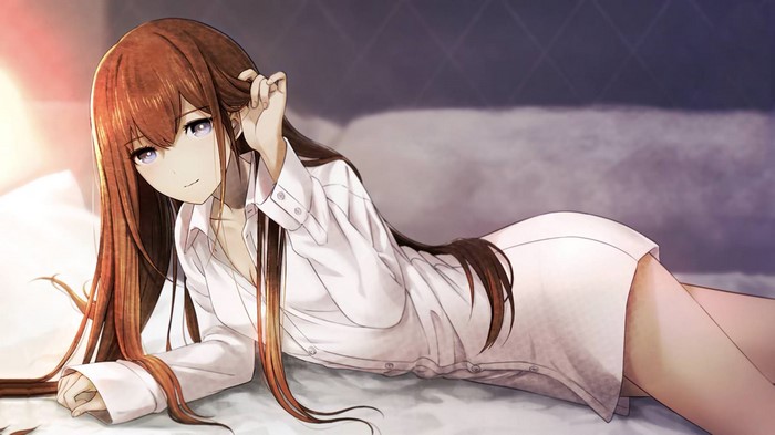 Makise Kurisu from Steins;Gate lying in bed