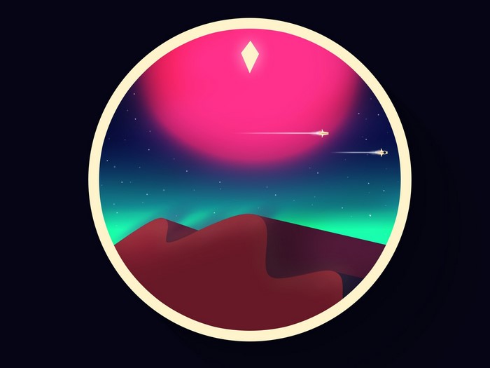 Spaceships flying over desert dunes under a pink sun
