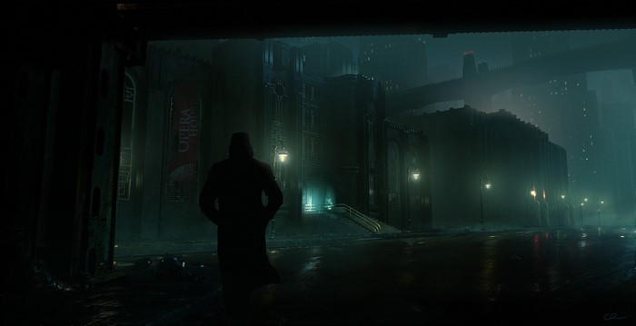 Man in trench coat in front of Opera House at night