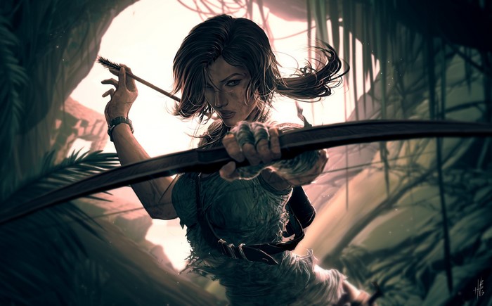 Lara Croft from Tomb Raider aiming a bow