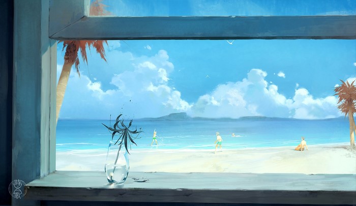 Digital art of a beach scene viewed through a window