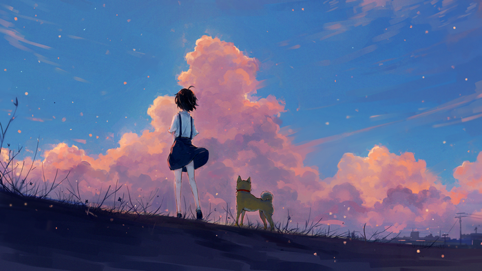 Anime girl and dog watching sunset clouds