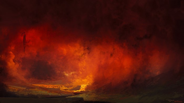 Grim Reaper in a fiery, dark fantasy landscape