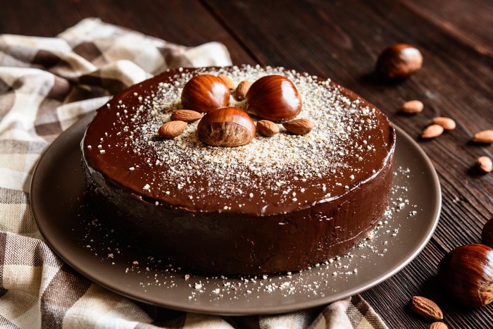 Chocolate cake with chestnuts and almonds