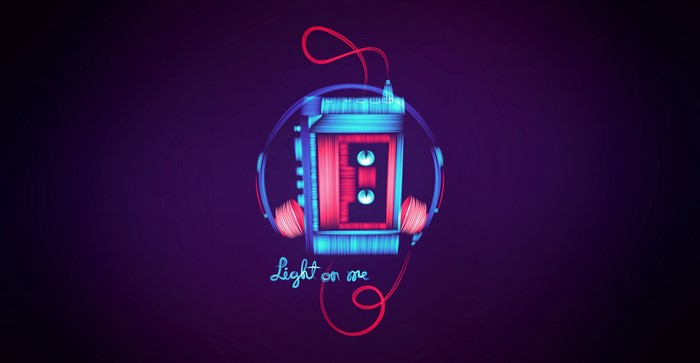 Neon cassette player with headphones and text