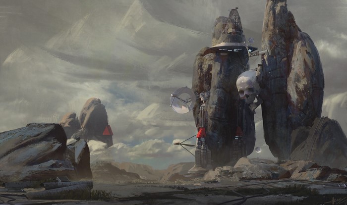 Artwork of a fantasy landscape with a giant skull