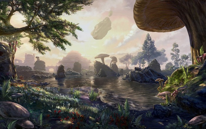 The Elder Scrolls fantasy landscape with floating islands and mushrooms