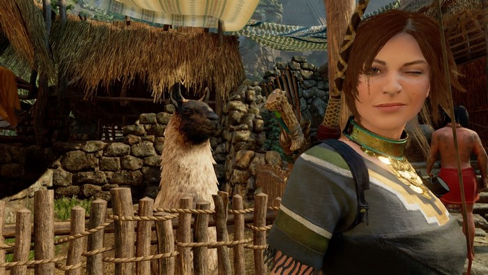 Lara Croft from Shadow of the Tomb Raider with a llama