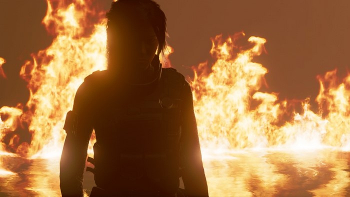 Lara Croft from Shadow of the Tomb Raider in front of fire