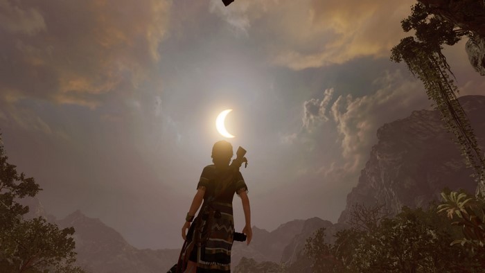 Lara Croft from Shadow of the Tomb Raider during an eclipse