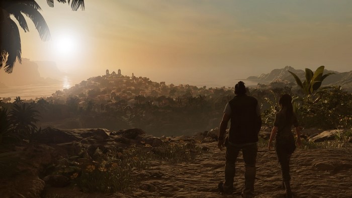 Lara Croft from Shadow of the Tomb Raider overlooking a town