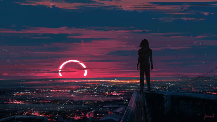 Girl on rooftop watching a ring-shaped sunset over city