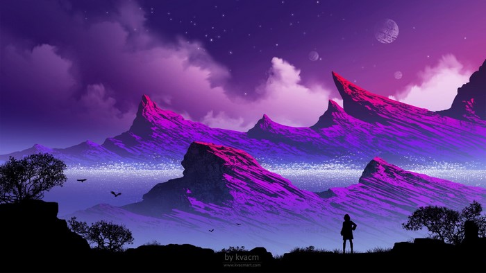 Fantasy landscape with purple mountains and planets