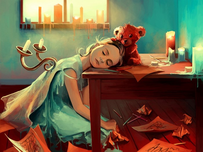 Girl sleeping with teddy bear near candles