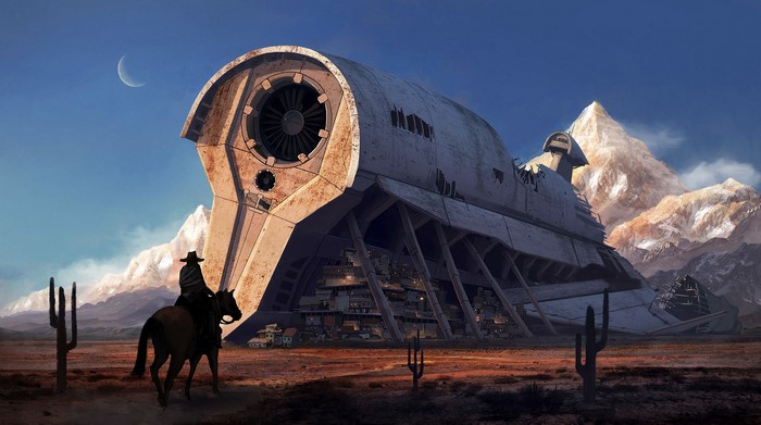 Cowboy on horse near crashed spaceship in desert village