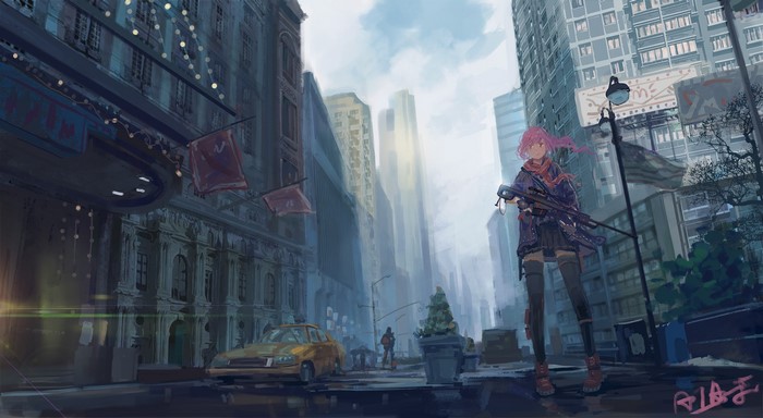 Anime girl with sniper rifle in a city
