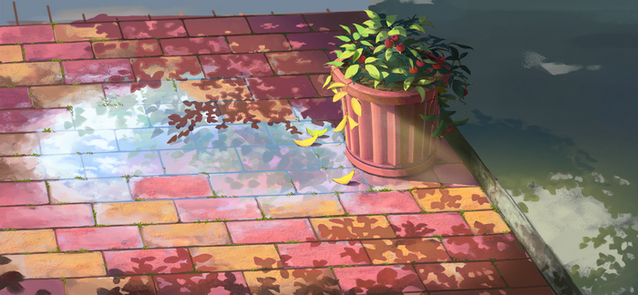 Anime rooftop with potted plant and shadows