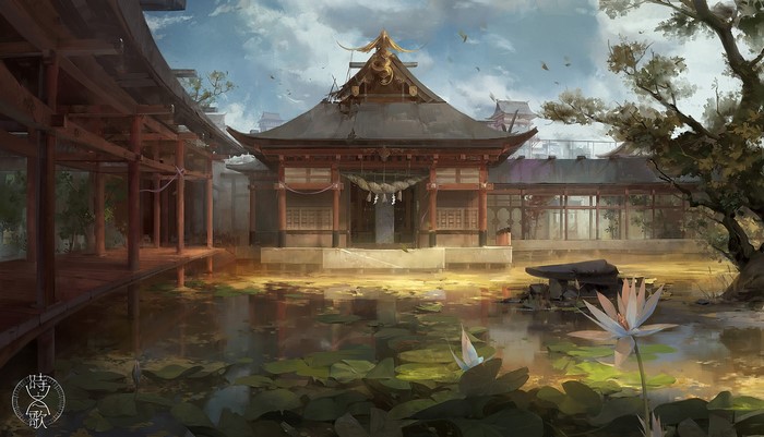 Digital art of a Japanese shrine by a pond