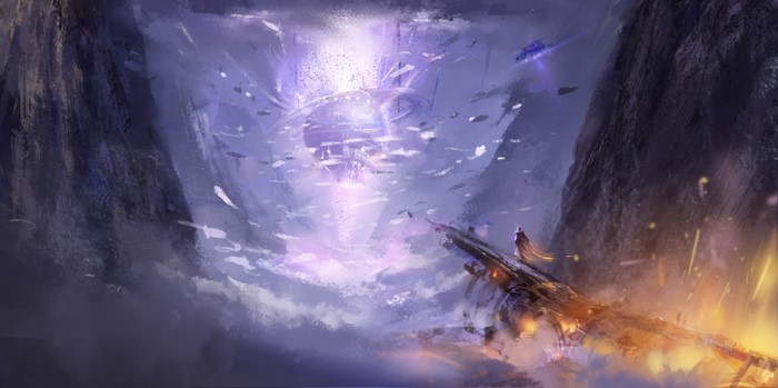 Sci-fi landscape with futuristic city and flying vehicles
