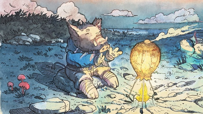 Boar-headed character and a glowing creature by a body of water