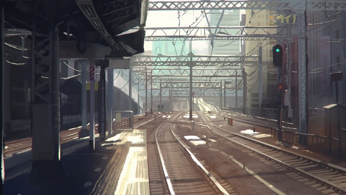 Digital art of a cityscape with railway tracks