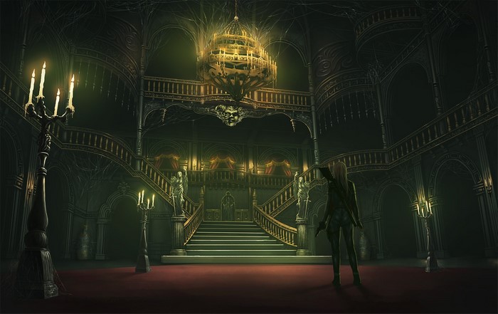 Gothic Hallway with Chandelier and Woman