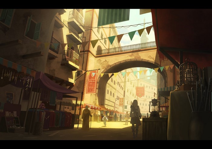 Fantasy market street with people and stalls