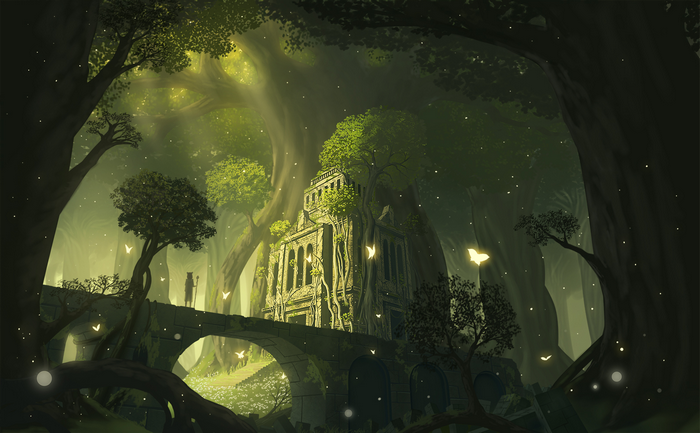 Ancient overgrown ruins in a mystical forest