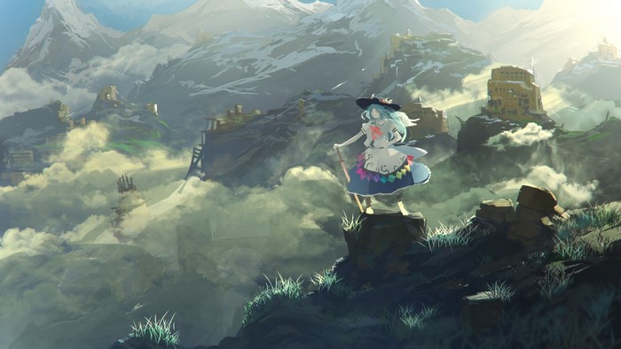 Hinanawi Tenshi from Touhou in a mountain landscape