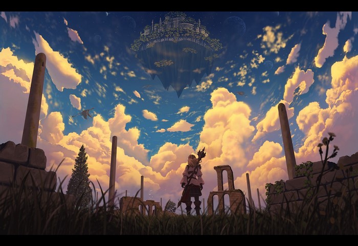 Floating city in the sky above ruins