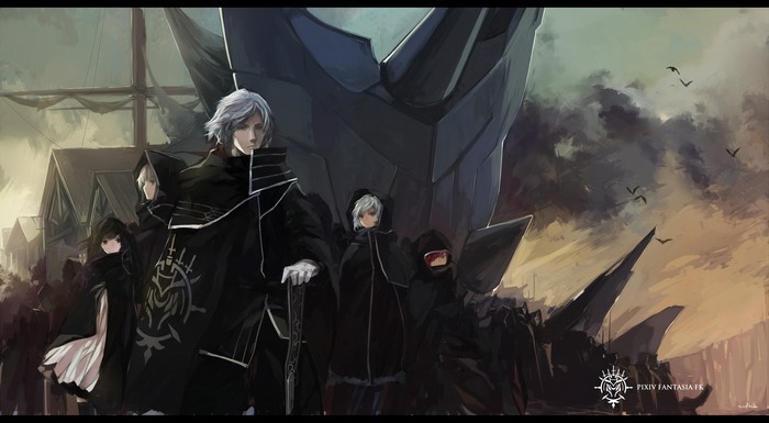 Group of people in black cloaks with a large ship