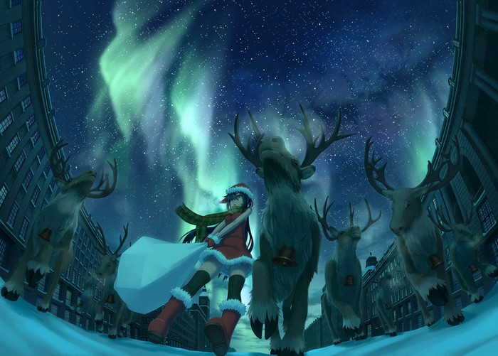 Anime girl in Santa outfit with reindeer under aurora