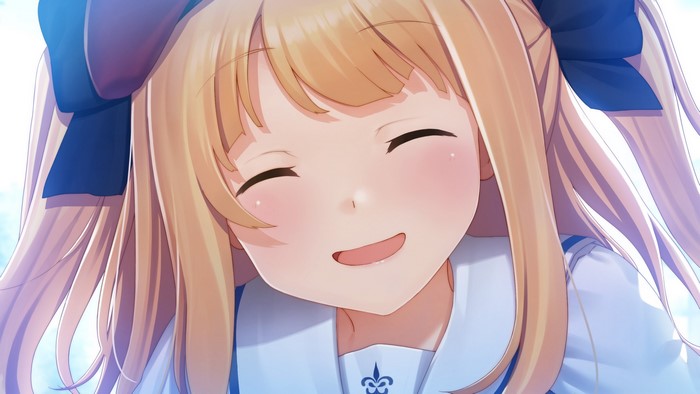 Anime girl with blonde hair and blue bow smiling