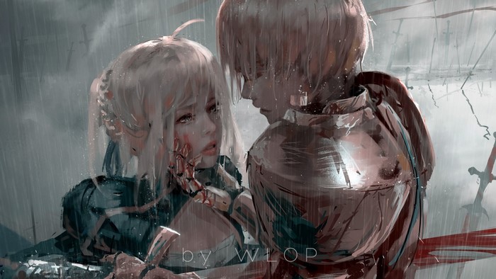 Gilgamesh and Saber Intense Rain Scene by WLOP