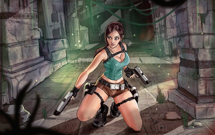 Lara Croft from Tomb Raider in ancient ruins