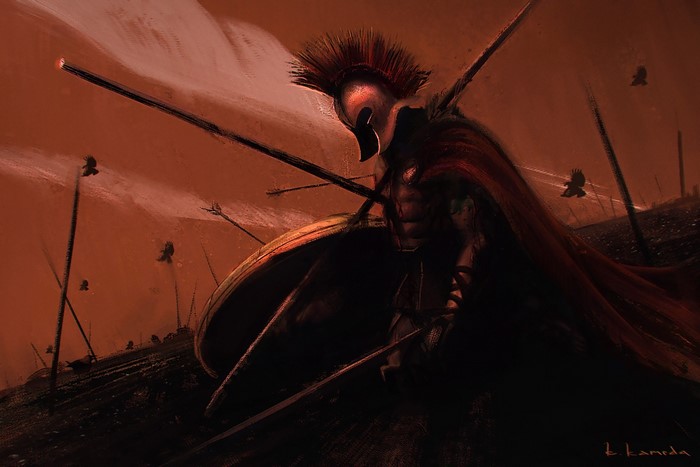 Spartan warrior in a dark fantasy battlefield