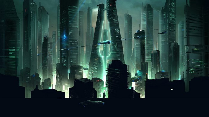 Futuristic Cityscape with Flying Vehicles