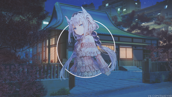 Anime girl with horns in front of a Japanese building