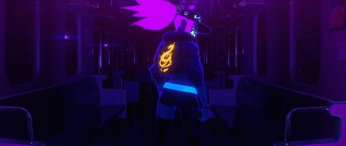 Akali from League of Legends in a subway car