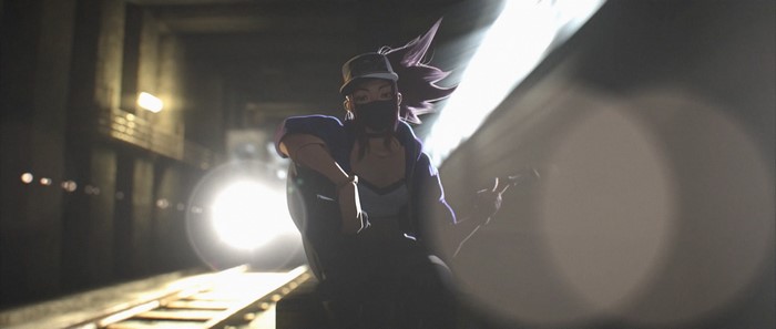 Akali from League of Legends in a subway