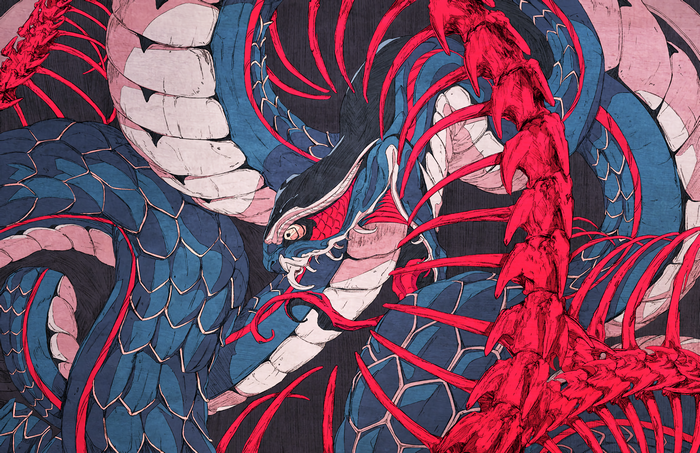 Artwork of a blue and red skeletal serpent